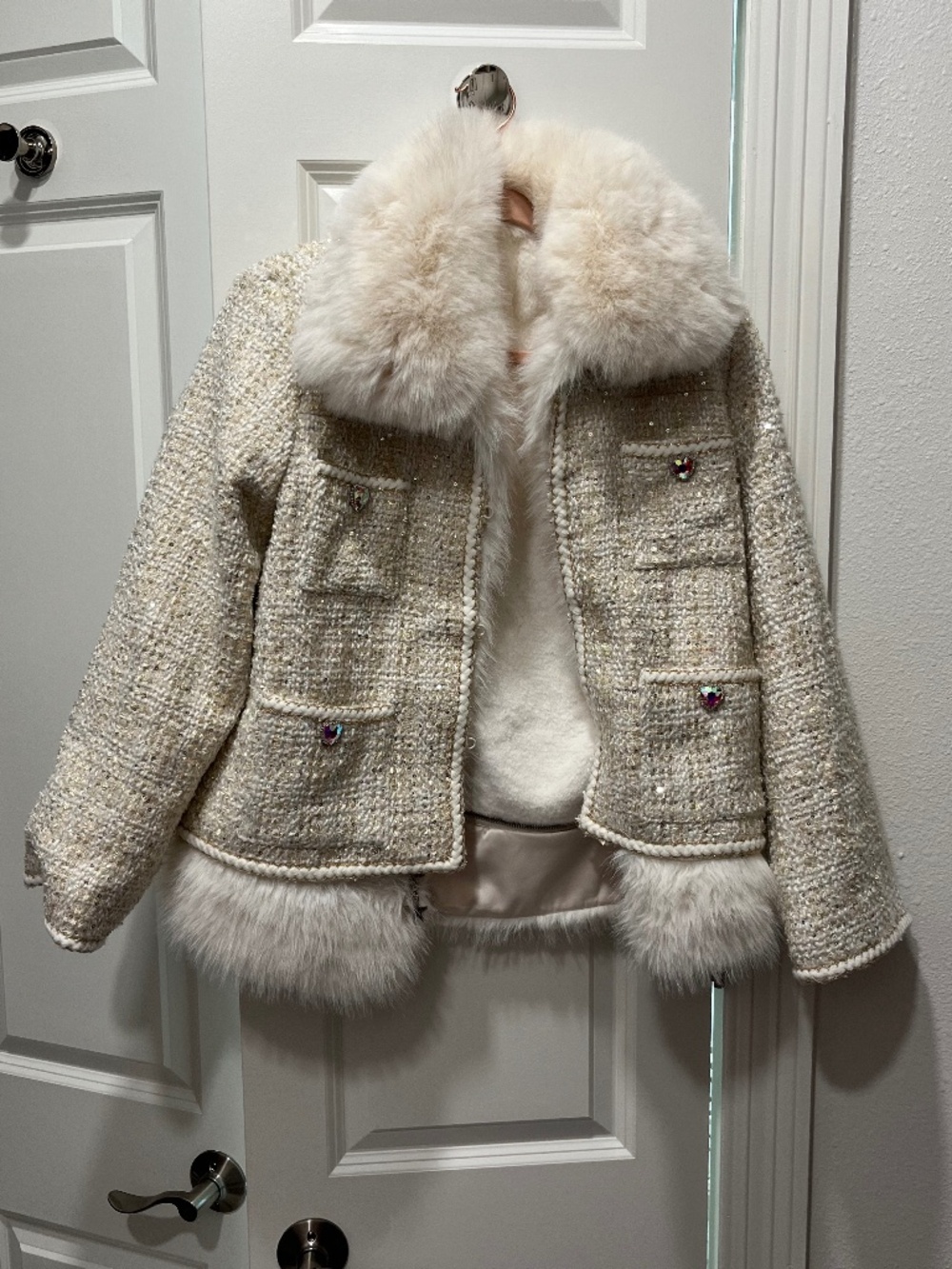 Lola + The Boys Cream Tweed Jacket Faux Fur Collar Girls Sz 14 Sparkle Holiday